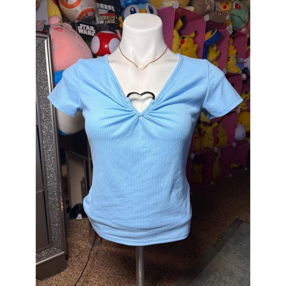 Y2K Free Kisses Blue Ribbed Heart Cutout V-Neck Short Sleeve Top Size L #2